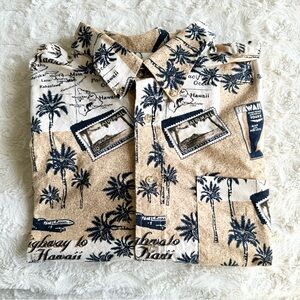 Vintage Crossings Hawaiian Shirt Mens XL Beige Postcard Palm Tree Map Aloha AOP